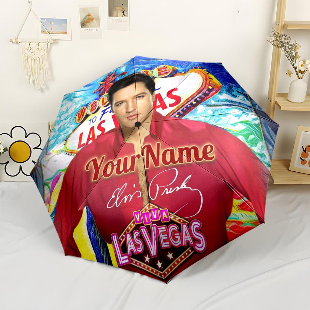Elvis Customize Text Umbrella Compact Travel Automatic Umbrella Folding Umbrella with 8 Ribs Sturdy Construction for Outdoor Daily Use