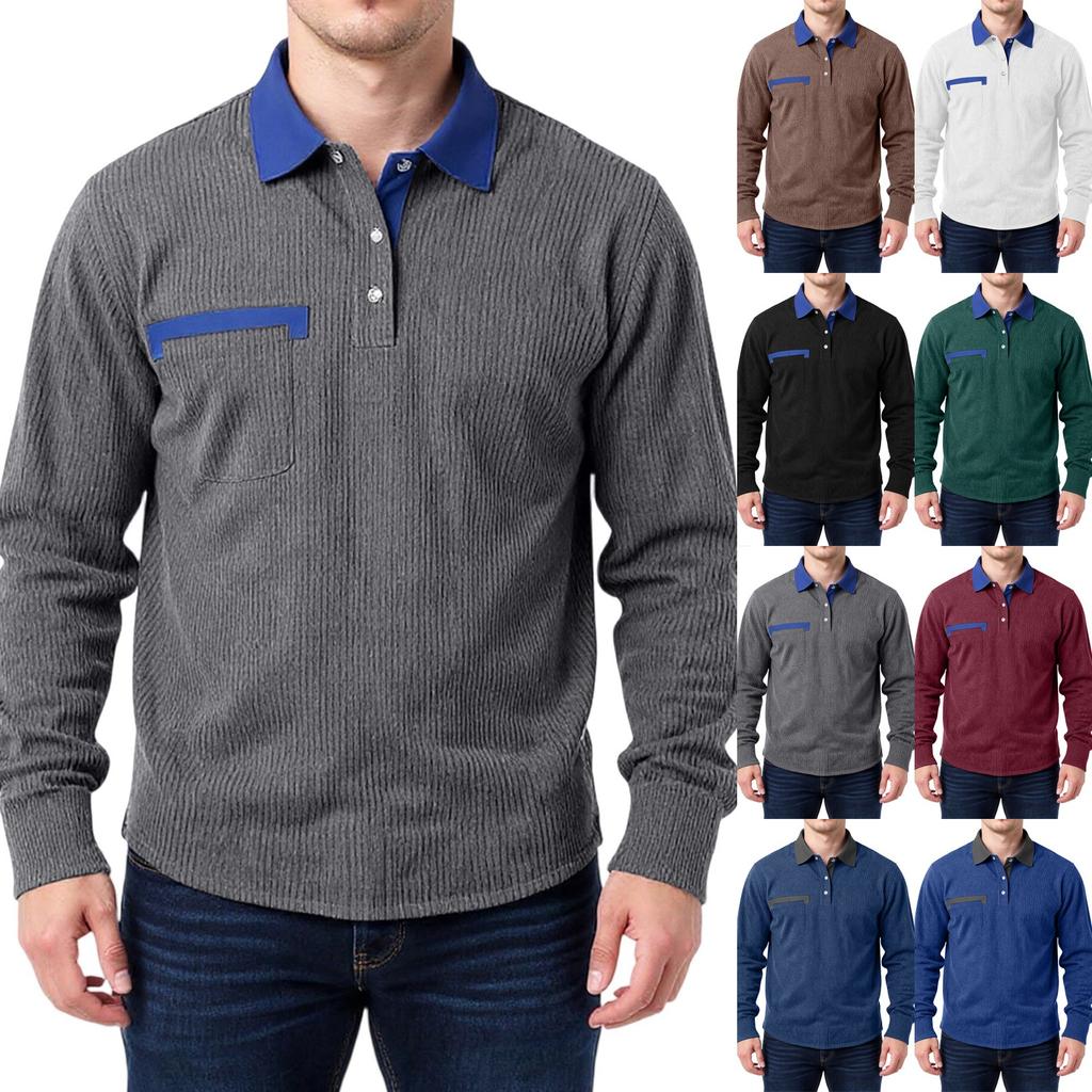 Men's Double Color High Collar Button Long Sleeve Shirt Casual Autumn/Winter Top