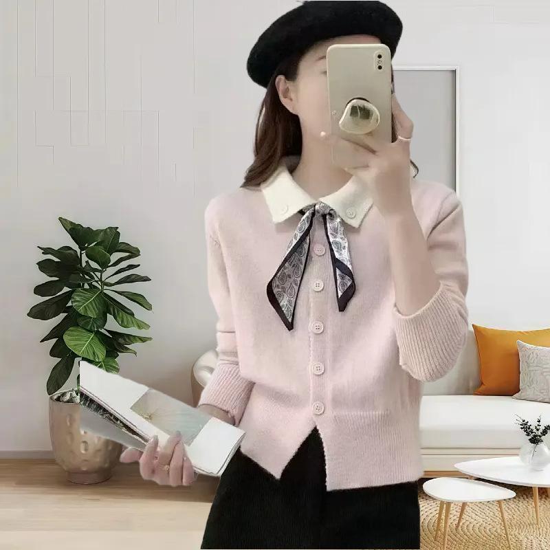 New Lapel Long-sleeved Knitted Sweater Women's Early Autumn Spring and Autumn New Contrasting Color Silk Scarf Lace-up Cardigan Short Top