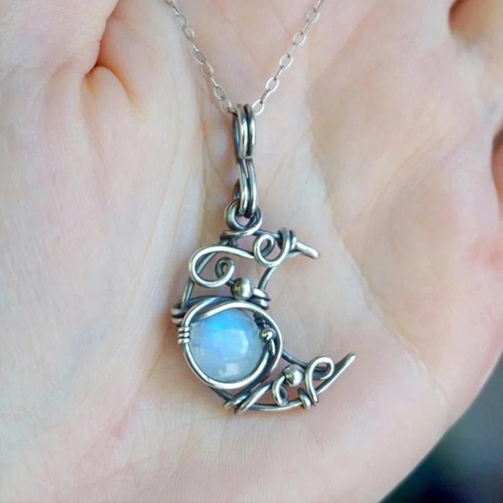 Collana Pendente Antico Pietra di Luna Artificiale Pietre Cabochon Vintage Boho Collana Luna per Dama Ragazze Donne Regalo