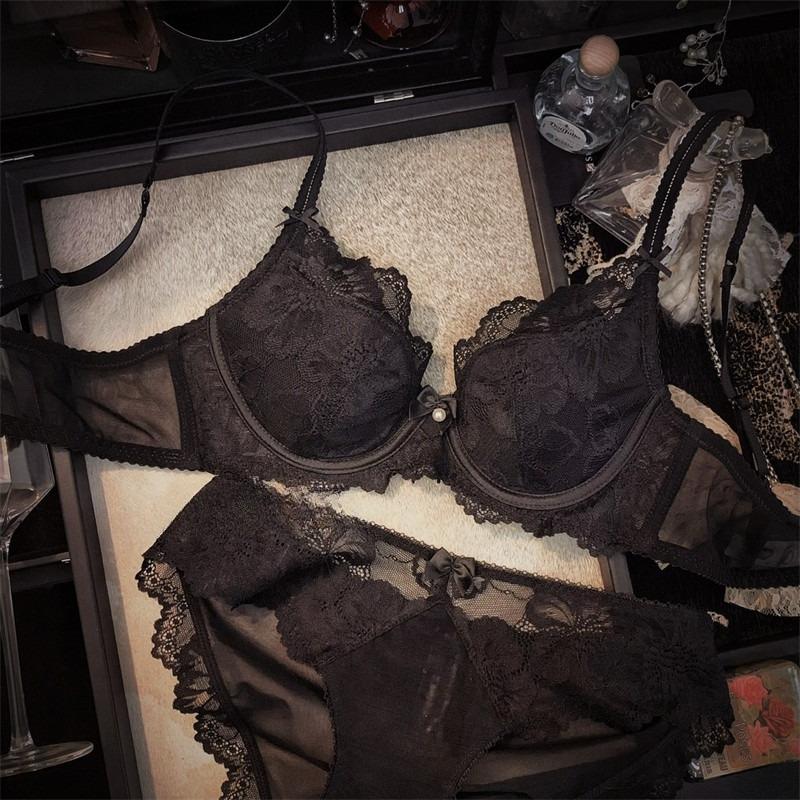 Ladies Summer Violet Lingerie French Thin Cup Push Up Bra Set Sexy Lace Flowers Embroidery Women Underwear Bra Briefs Set