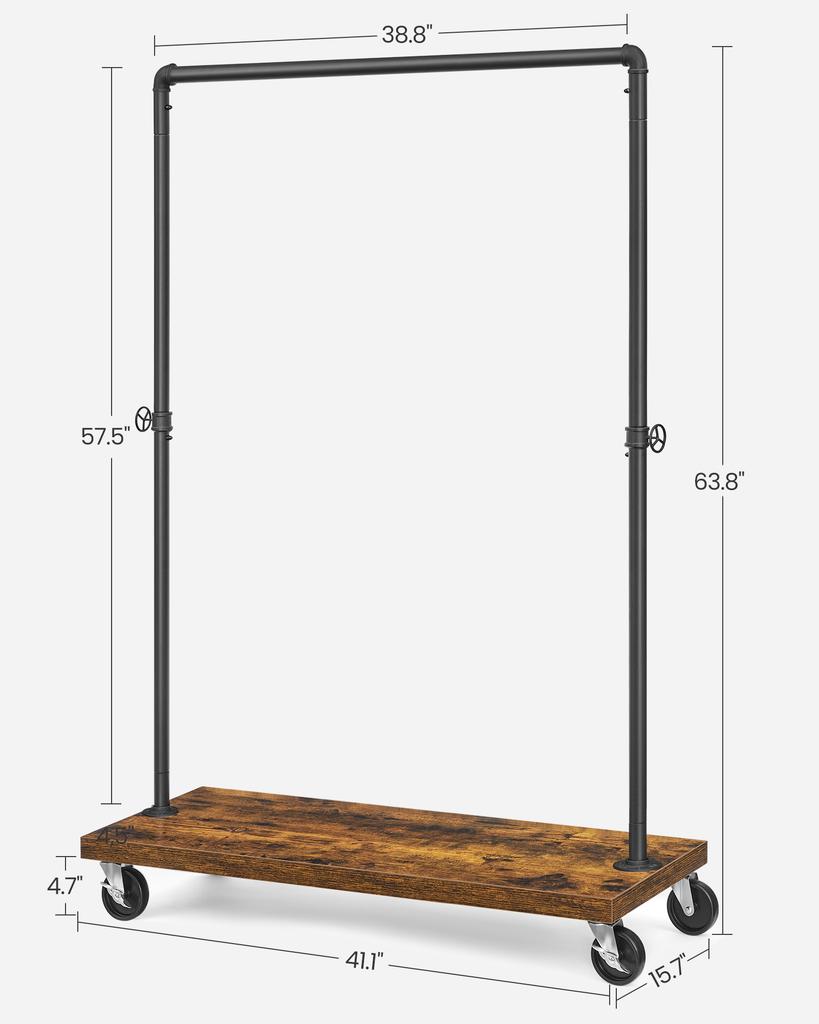 VASAGLE Clothes Rack, Heavy Duty Clothing Rack, Industrial Pipe Style Rolling Garment Rack with Shelf, for Bedroom