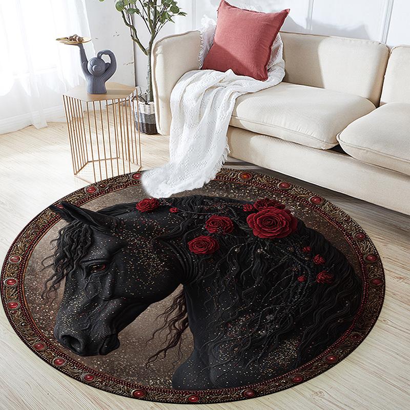Schwarzes Pferd Runder Teppich, Teppich für Wohnzimmer Schlafzimmer Sofa Spielzimmer Dekor, Rutschfeste Fußmatte