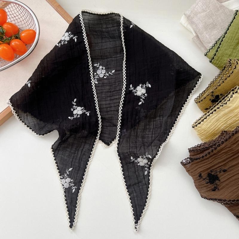 Elegant Embroidered Triangular Scarf Headwear Lightweight Silk Like Polyester Fabric Headscarf for Travel Daily Commute