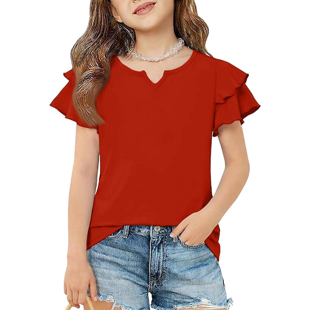 Girls' V-Neck Ruffle Tee - Short Sleeve Summer Blouse