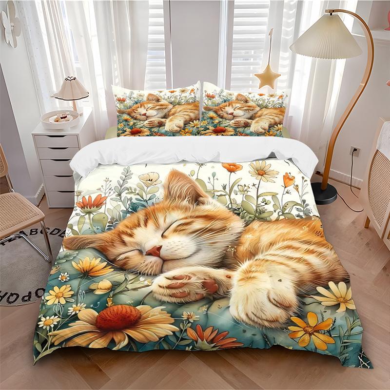 3pcs Sleeping Ginger Kitten Printed Quilt Set, Soft and Comfortable Quilt Cover for Bedroom