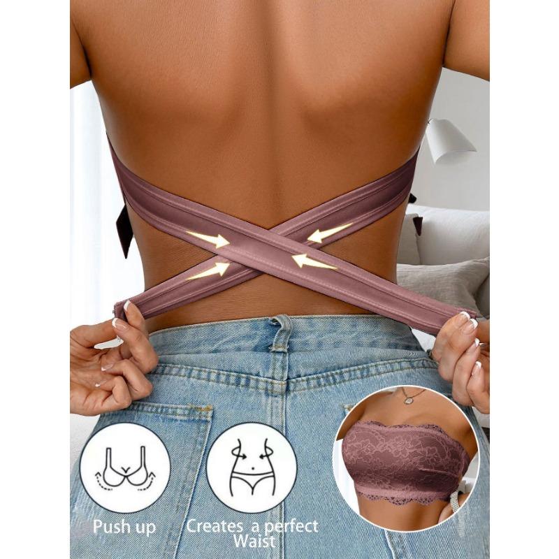 Reggiseno a fascia da donna in raso e pizzo senza spalline, schiena scoperta, sexy, senza imbottitura, intimo invisibile