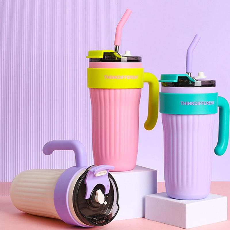 Thermos Mug Cup with Straw Lid Handle, Insulated Tumblers Cup, Coffee, Milk, Keep Warm, Cool Water Bottle, 860ml