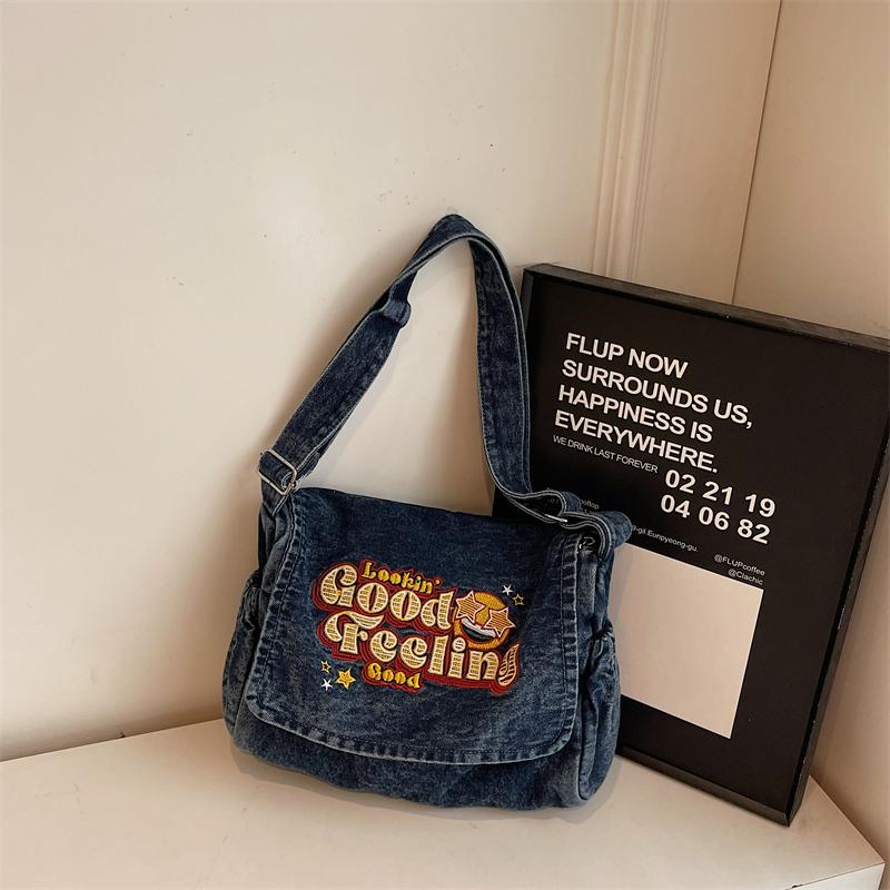 Large Capacity Denim Bag Student Class Crossbody Bag Letter Embroidery Women Commuter Tote Bag