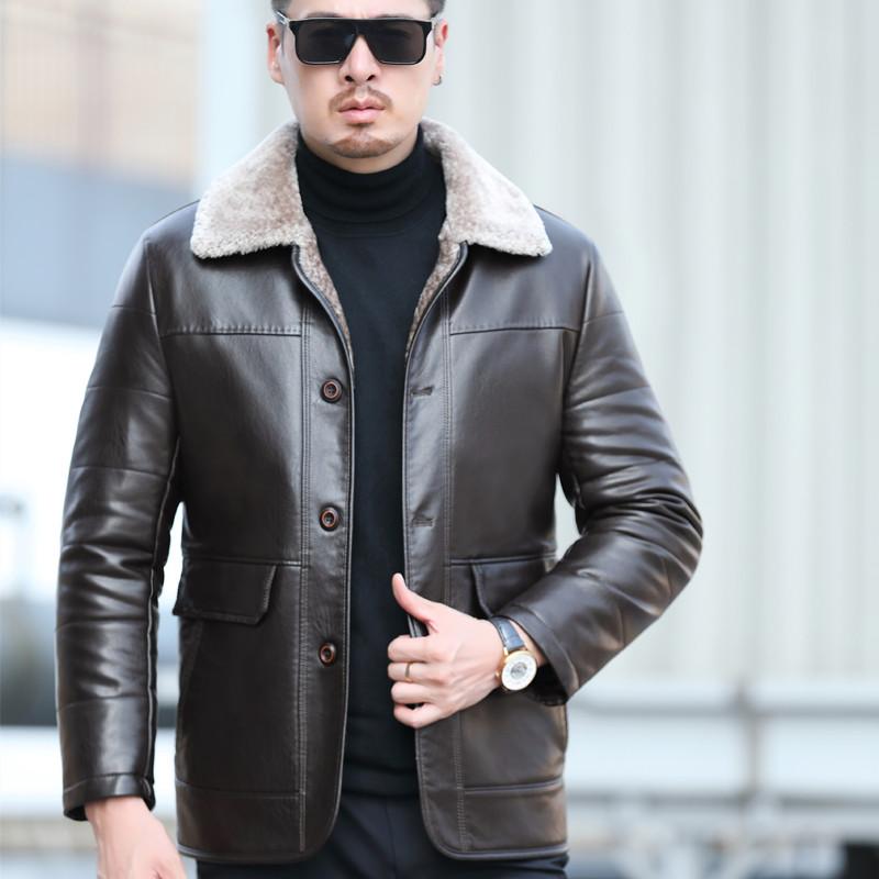 Piumino in pelle da uomo d'affari di media lunghezza con risvolto casual in pelle di pecora autunnale e invernale in pelle naturale taglie forti
