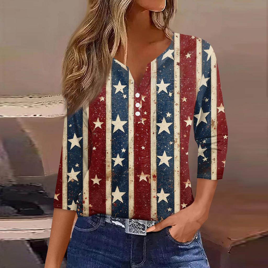 Damen T-Shirt mit Aufdruck, Knopfleiste, 3/4-Ärmel, modisch für den Alltag und das Wochenende, Basic, V-Ausschnitt, normales Oberteil