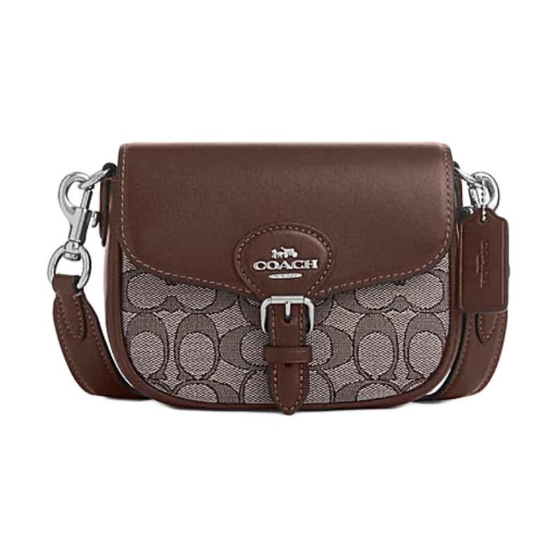 COACH Amelia 17 Signature Carriage Logo Leather and Signature Jacquard Fabric Shoulder Crossbody Bag Small Unisex Couple Style Oak and Maple Brown коричневый