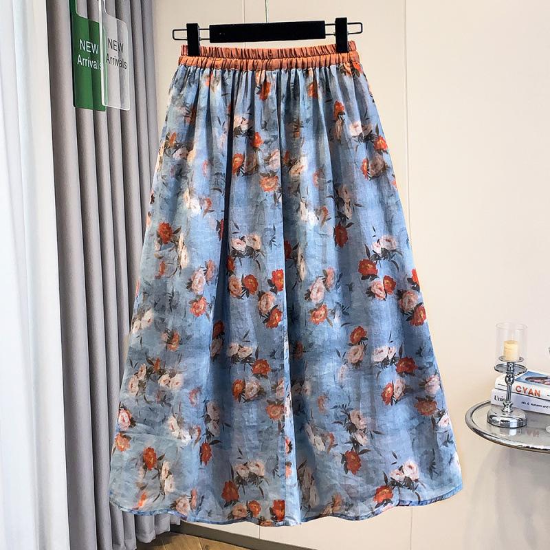 Artistic Ethnic Style Retro Print High-Waist Midi A-line Skirt L