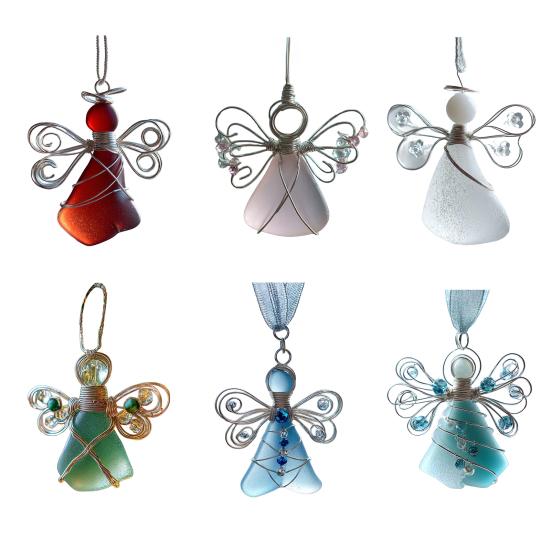 Handgemachter Seeglas-Engel-Ornament Küstenweihnachten Seeglas-Kunst Andenken Drahtumwickelter Engel Weihnachtsbaumschmuck für Feiertags-Heimdeko