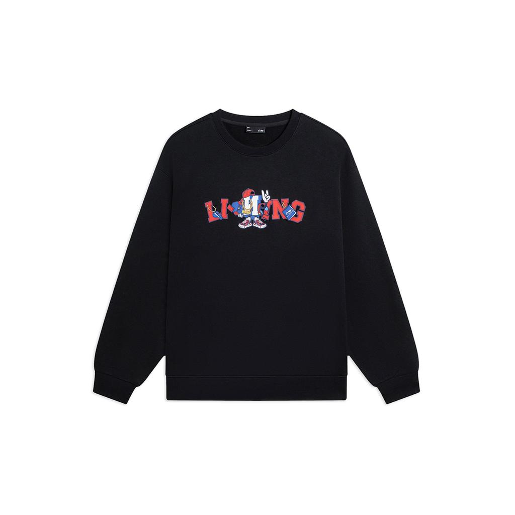 Li-Ning Sports Fashion Series Cartoon Letter Print Fleece-Lined Crew Neck Sweatshirt Unisex Tops Black AWDSG05-2