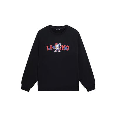 Li-Ning Série Moda Esportiva Moletom Unissex de Gola Careca Forrado com Lã Estampa de Letra Cartoon Tops Preto AWDSG05-2