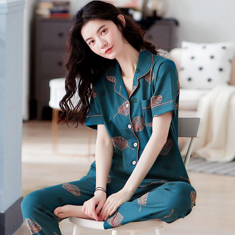 Pajamas Women's Summer Cotton Short Sleeves Trousers Loungewear Thin Middle-aged Mom Loose Plus Size Set