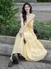 French Yellow Plaid Sleeveless Vest Dress Women's Summer A-word Long Dress Dopamine Seaside Vacation Skirt