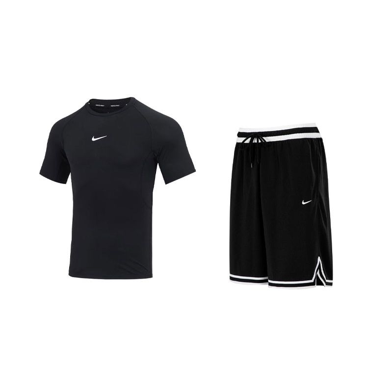 

Nike Футболка с логотипом, тренировочная, с коротким рукавом, с круглым вырезом, цветной блок, удобные шорты, повседневный спортивный комплект, мужские комплекты, черный FB7933-010+DH7161-010 L