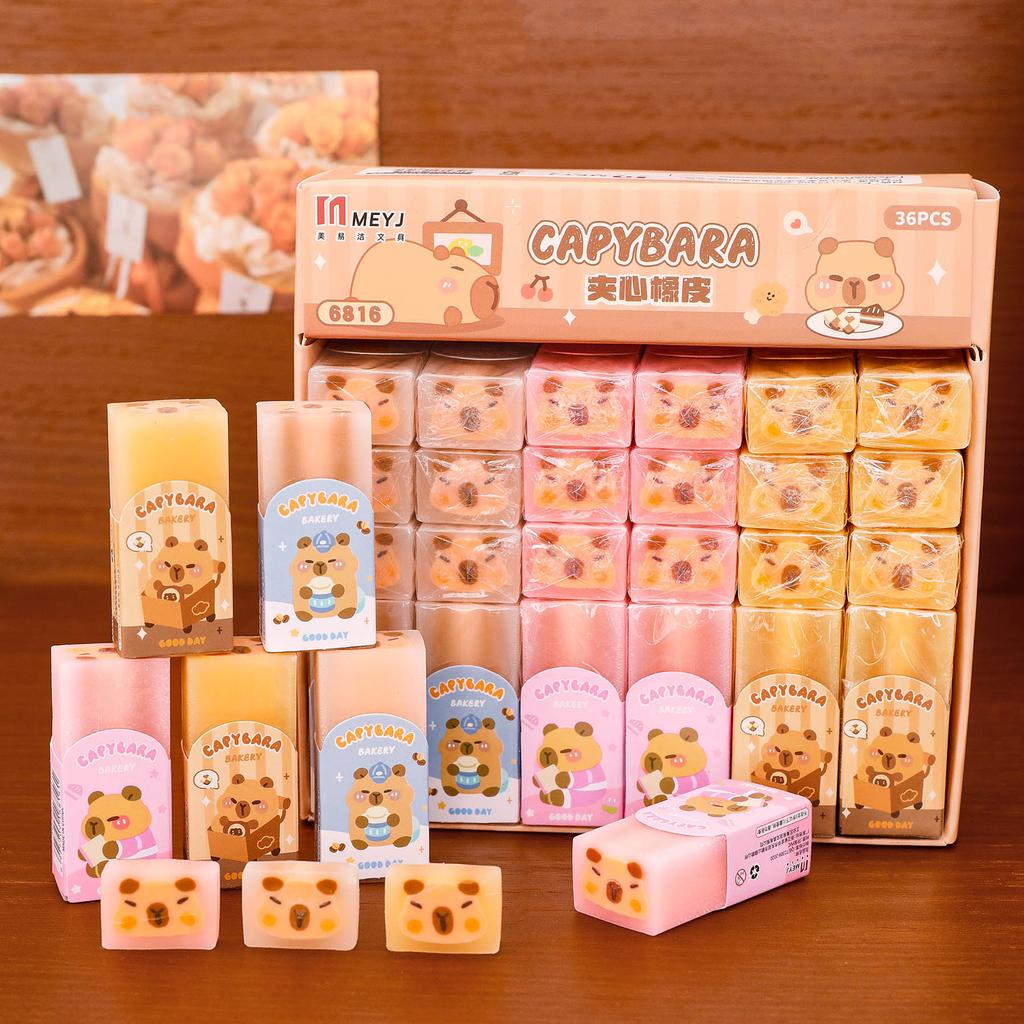 Gomas de Borrar con Forma de Sándwich de Capibara - Papelería Linda de Dibujos Animados, Gomas de Borrar Limpias para Niños de Primaria