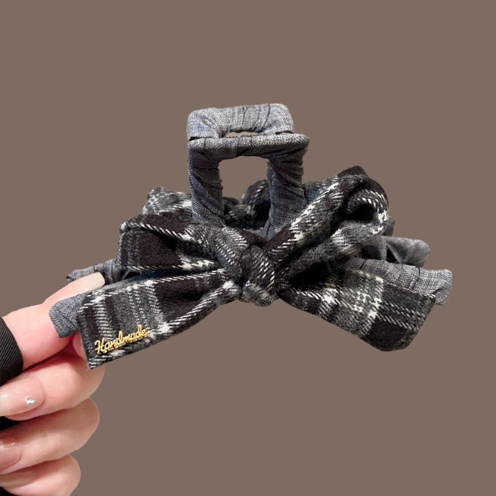 1pc Coffee Grey Grid Pattern Grab Clip Handmade Bow Shaped Two tone Shark Clip Small and Retro Style Brain Spoon Shark Clip