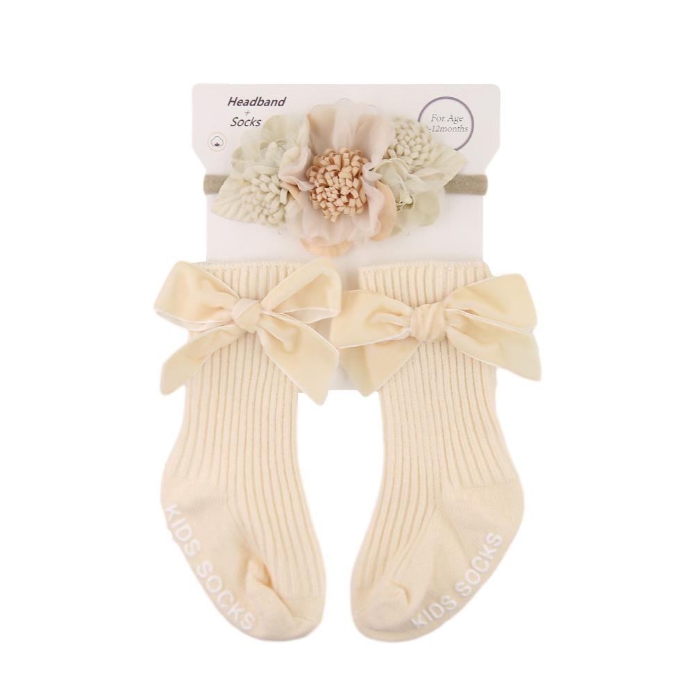 3Pcs/Set Ins Cream Latte Flower Headbands with Ribbed Socks for Baby Girls Boutique Flower Anti-Slip Short Cotton 0-12M Sock