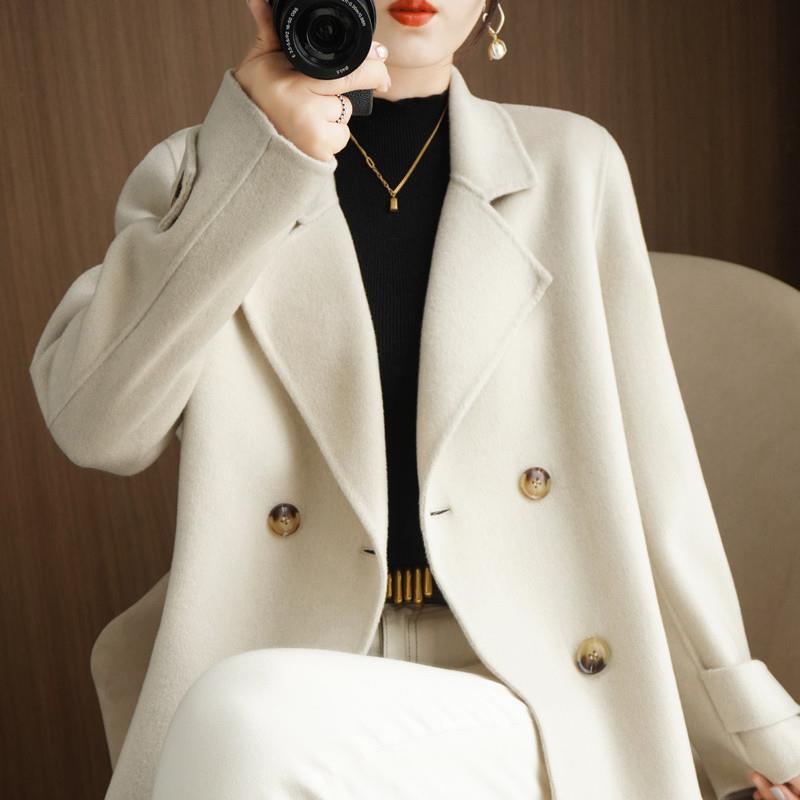 Dámský krátký vlněný kabát - Volný kabát s klopami ve stylu saka pro podzim/zimu