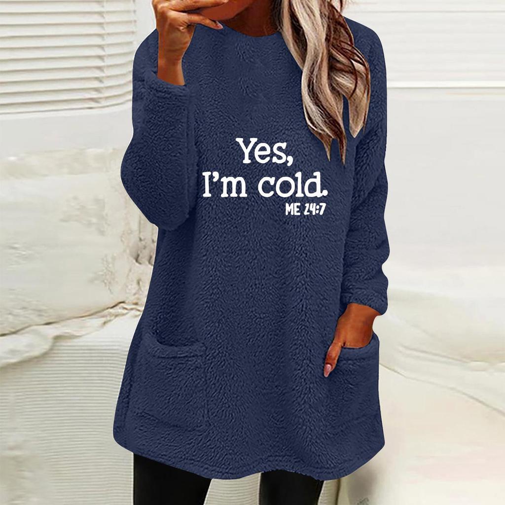 New Style Women's Loose Fit Letter & Number Print Round Neck Plush Hoodie with Pockets