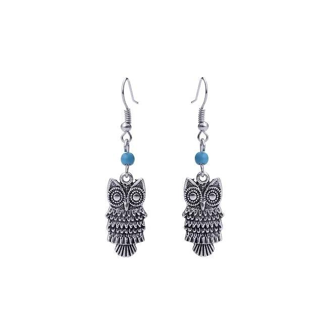 Turquoise Earrings, Vintage Owl Geometric Dream Catcher Feather Fringed Earrings Female