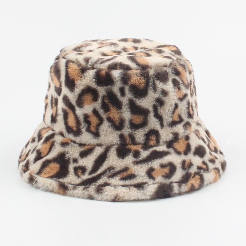 Winter Hat for Women's Fashionable Leopard Print Plush Fisherman Hat Versatile Cold Proof and Warm Basin Hat Showing Face Small Bucket Hat