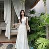 Summer academy style V-neck loose medium and long floral dress female Korean version student temperament vacation knee dress