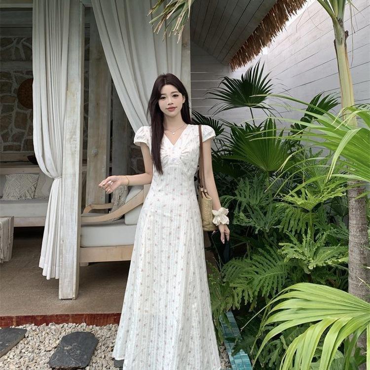 Summer academy style V-neck loose medium and long floral dress female Korean version student temperament vacation knee dress