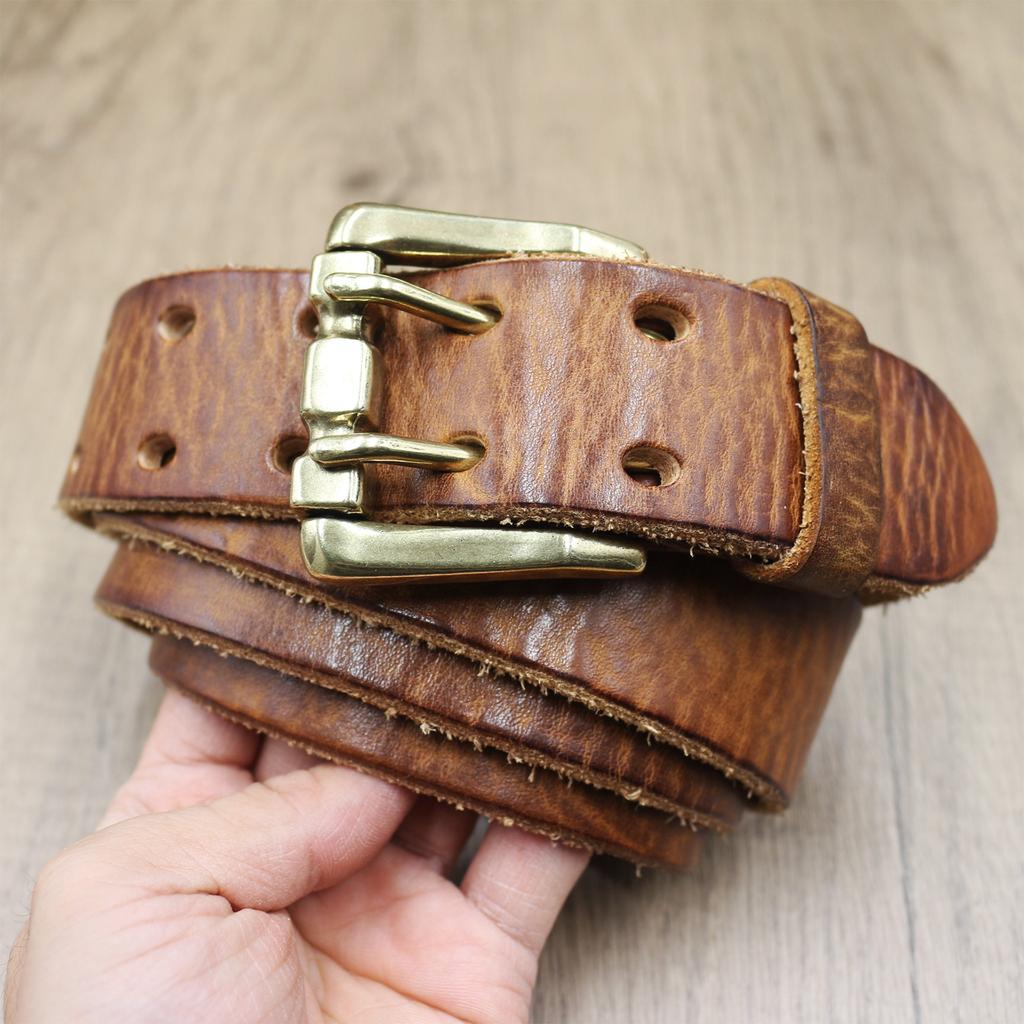 Thickened Double-needle Buckle Belt, Men's Genuine Leather Top Layer Cowhide, Retro Casual and Trendy, Versatile Youth Denim Belt