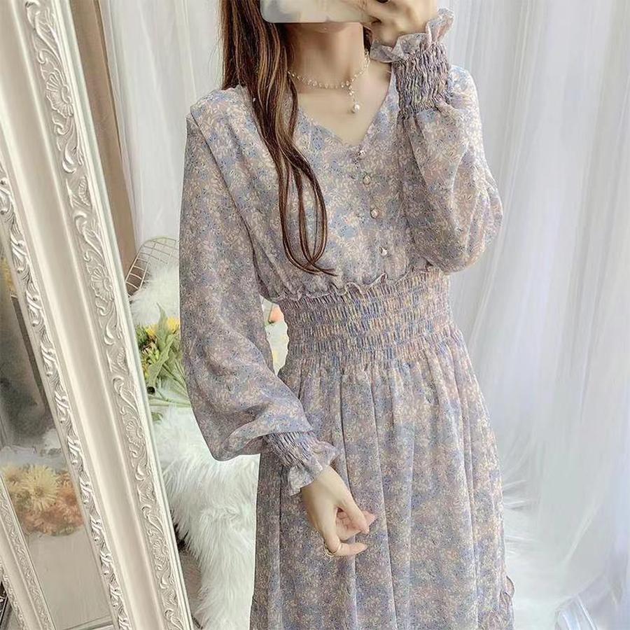Floral Print Chiffon Dress Long Dress Women Spring New Korean Style Fairy Dress Ruffled Maxi Skirt