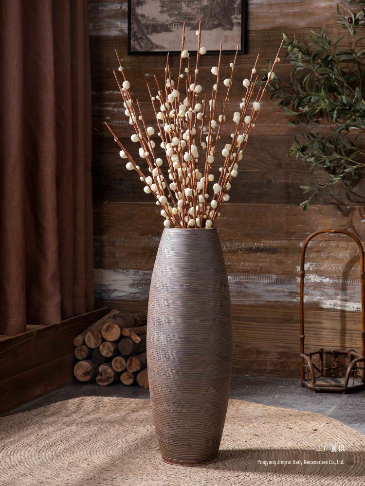 Floor-Standing Ceramic Vase In Retro Wabi-Sabi Style for Dried Flowers, Ideal for Hotel, Courtyard, and Homestay Décor.