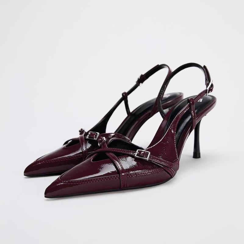 

Sling Women Shoes Street Style Sexy Buckle Strap Women Sandals Pumps Elegant Pointed Toe High Heels Banquet Party Slingback Shoe 35 червоний