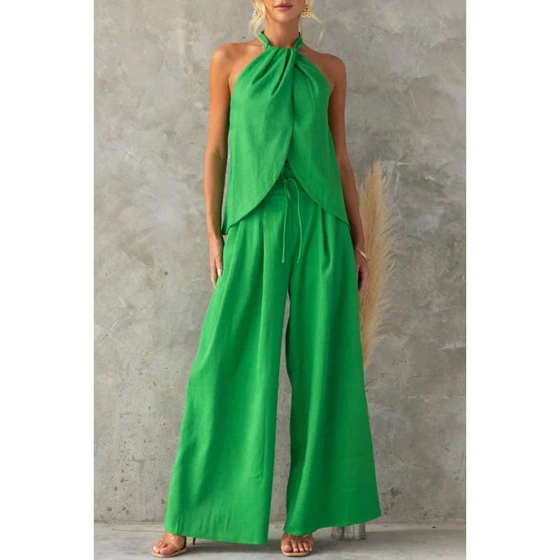 

2025 Женская Мода Элегантный Топ-Жилет с Вырезом на Шее Брюки с Широкими Штанинами Два Комплекта L зелёный