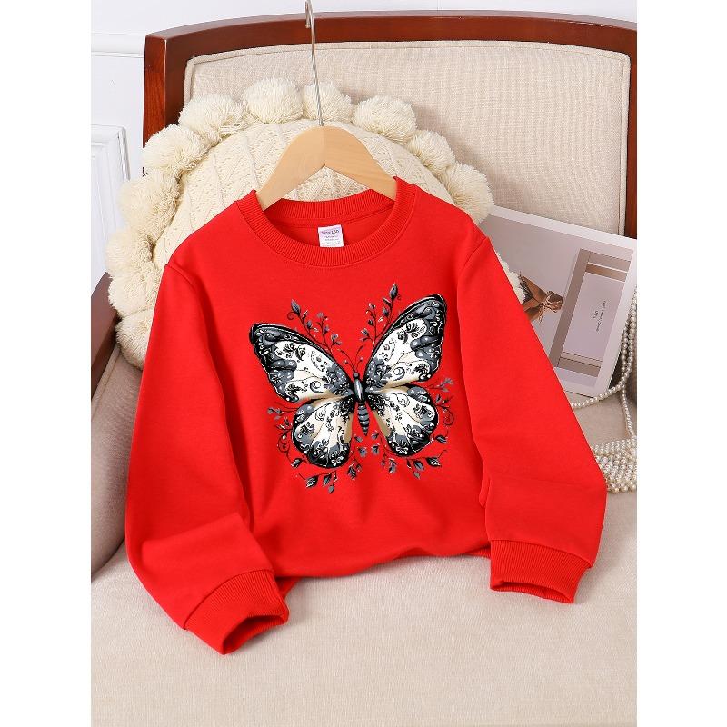 Kids Girls Crewneck Sweatshirt, Vintage Black And White Floral Butterfly Print Soft Fleece Pullover