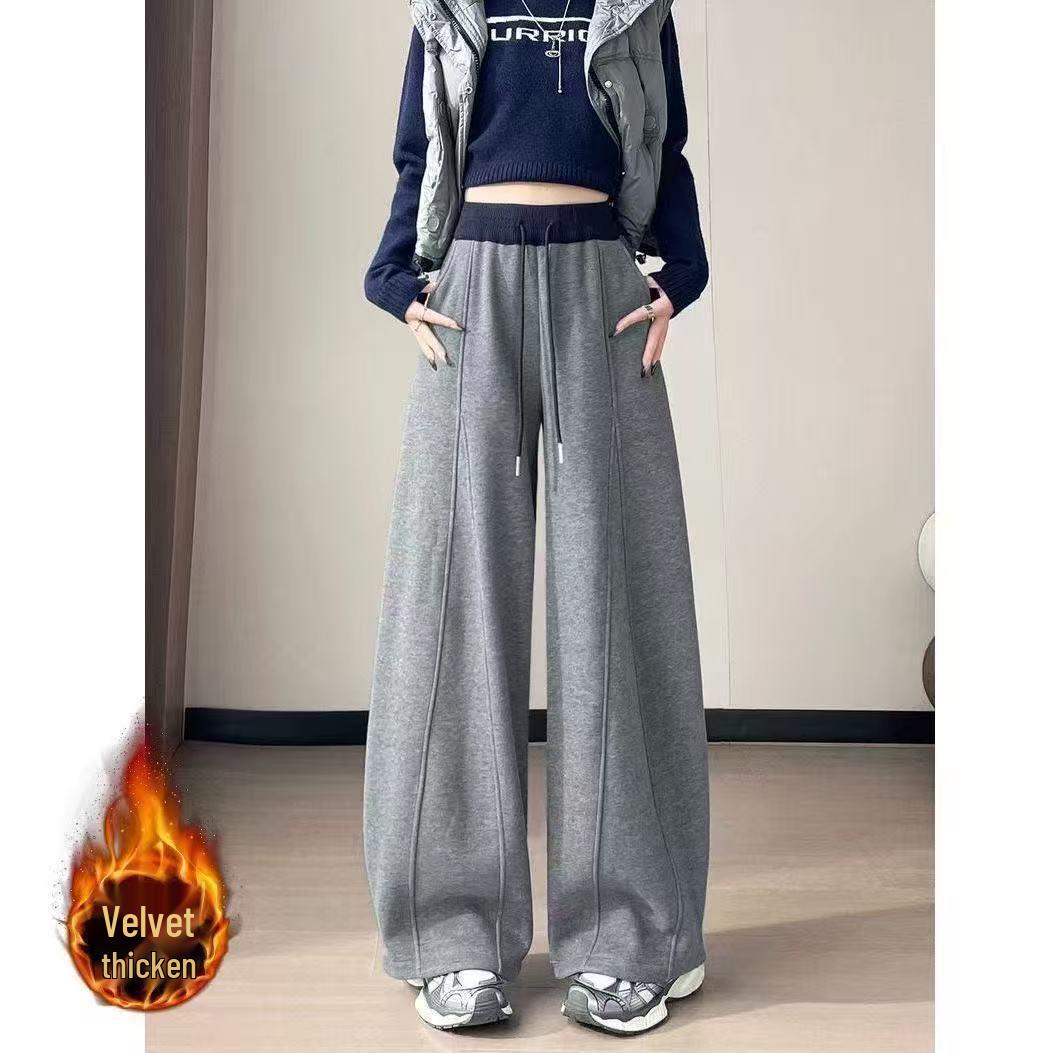

New Plus Velvet Wide-Leg Pants - Women s Color Block High Waist Slimming Casual Trousers M серый