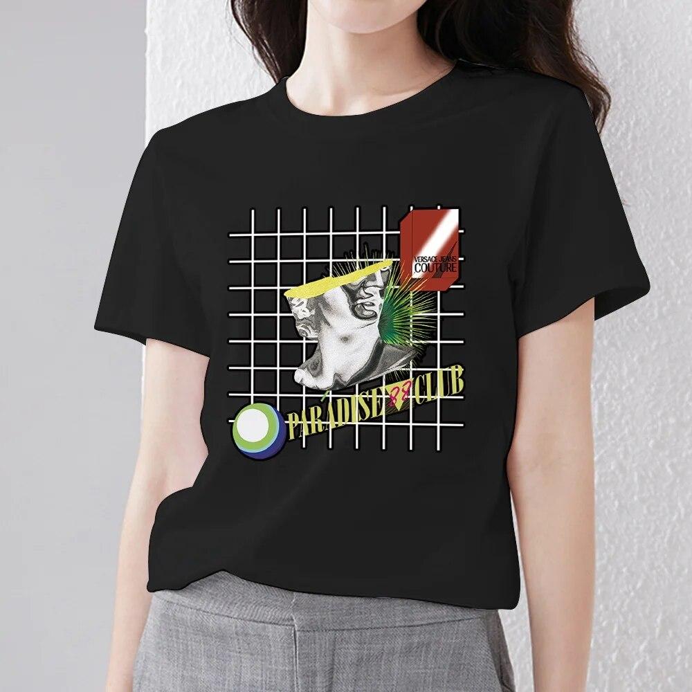 Retro Frauen Kleidung T-shirt Casual Slim Top Einfache Schwarz Pendler Kurzarm Lustige Skulptur Print Damen Mode O-ansatz Top