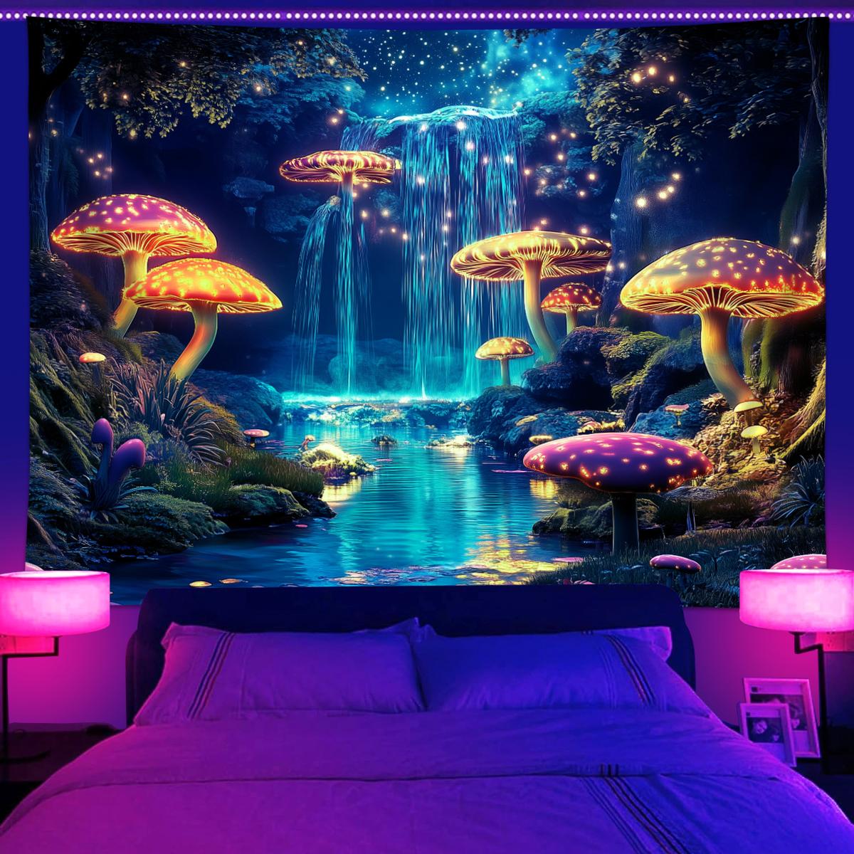 Fantasy Forest Waterfall Tapestry Mushroom Stars Bedroom Theme Wall Decoration Fantasy Tapestry Game Room Tapestry 100X70CM