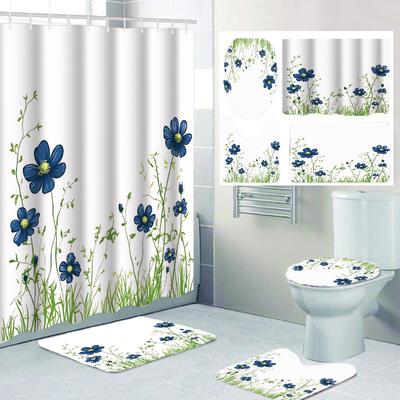 1/4 Flowers and Plants Print Shower Curtains, Toilet Seat Decoration, Shower Curtain with Carpet and Toilet Lid, 70.8x70.8 Inch
