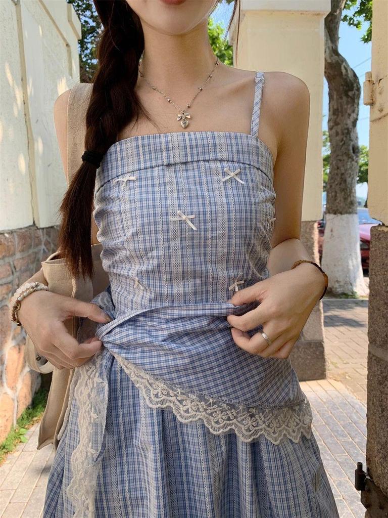 French Blue Checkered Spaghetti Strap Sleeveless Tank Dress - Women's Summer 2025 Seaside Vacation Long Dress