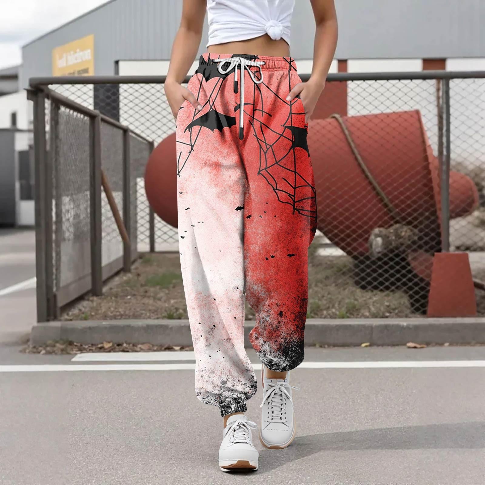 

Женские повседневные модные брюки для отдыха с принтом на Хэллоуин, спортивные штаны, брюки с эластичной резинкой на талии, брюки со шнурком XXXL