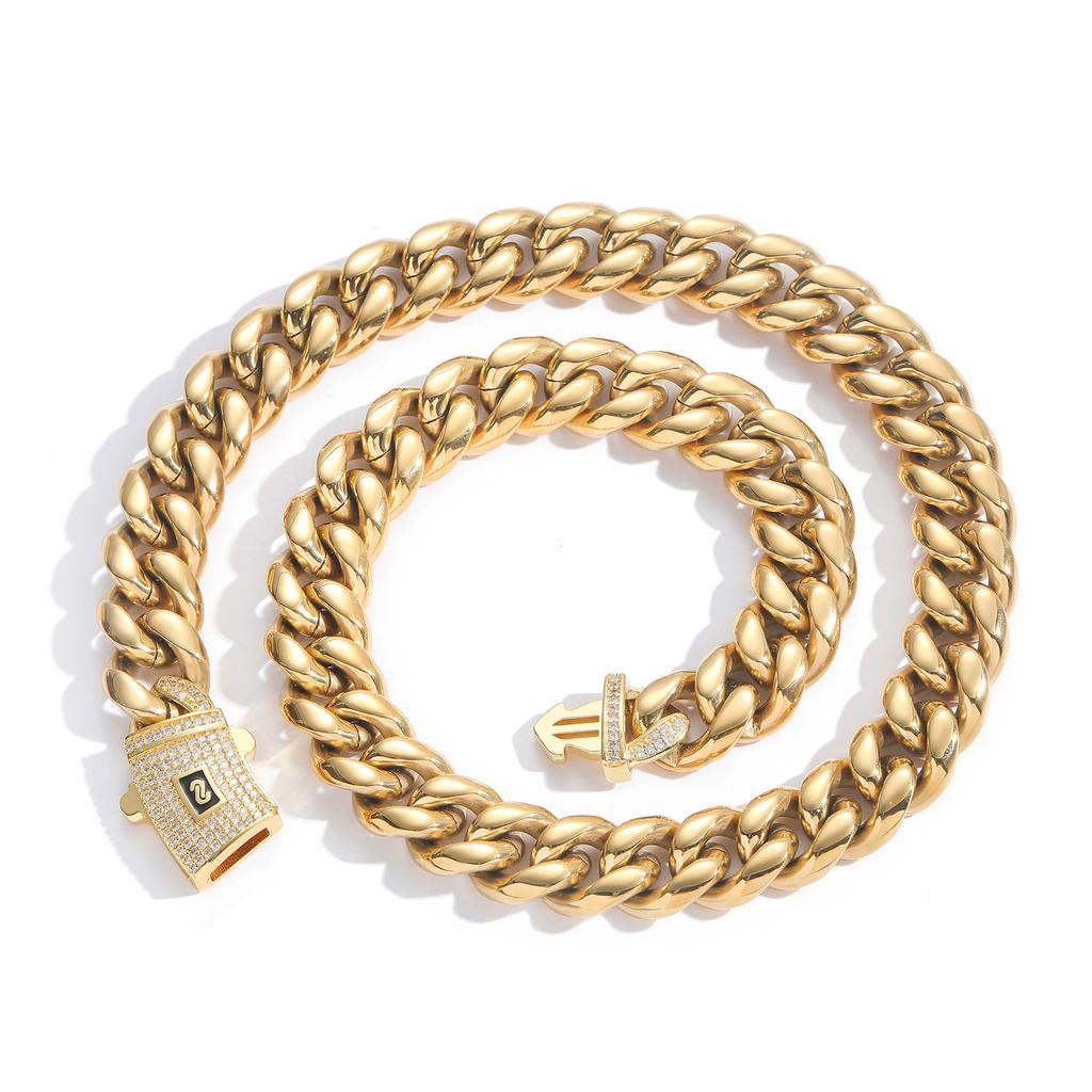 Edelstahl Halskette 6mm-14mm Rundschliff Verschlüsselt 14K Gold Kubanische Kette mit Zirkonia Federverschluss Titanstahlkette