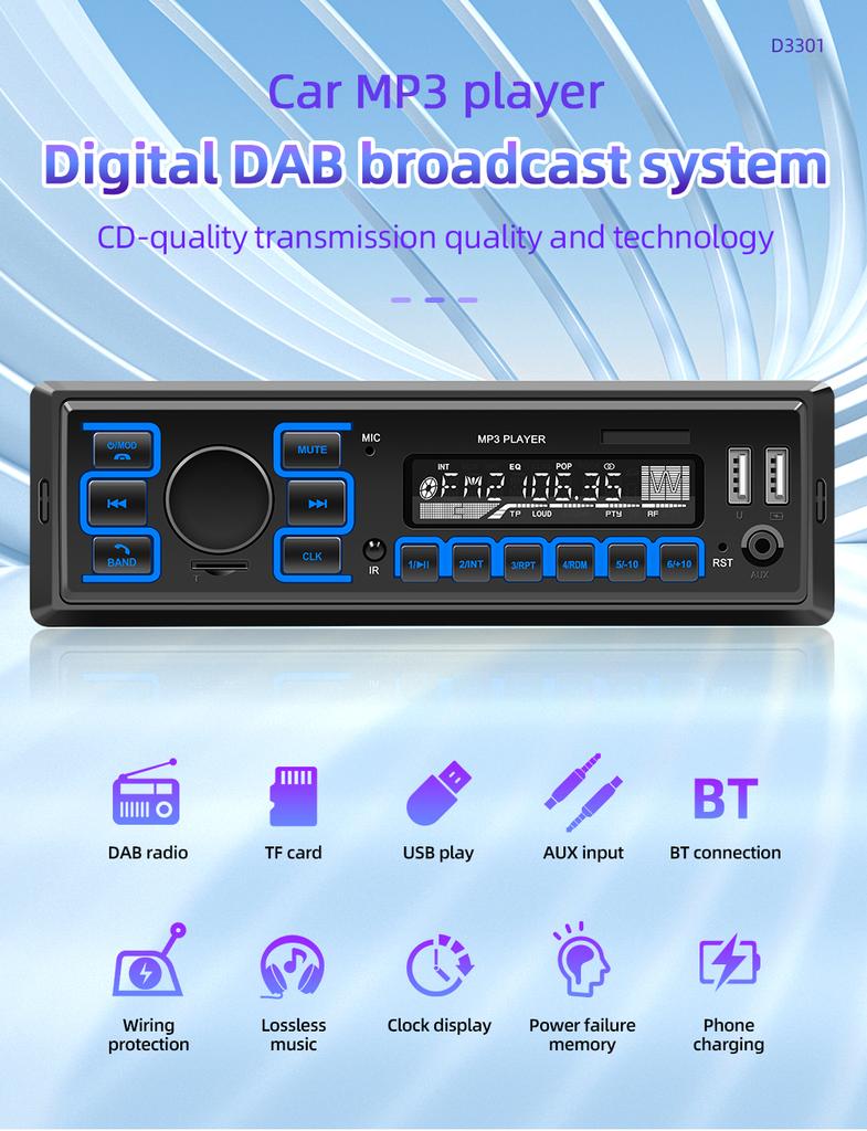 BQCC 1 Din Car MP3 Player DAB Digital Radio TF USB AUX Input Dual USB Fast Charging  Hand-free Car Stereo