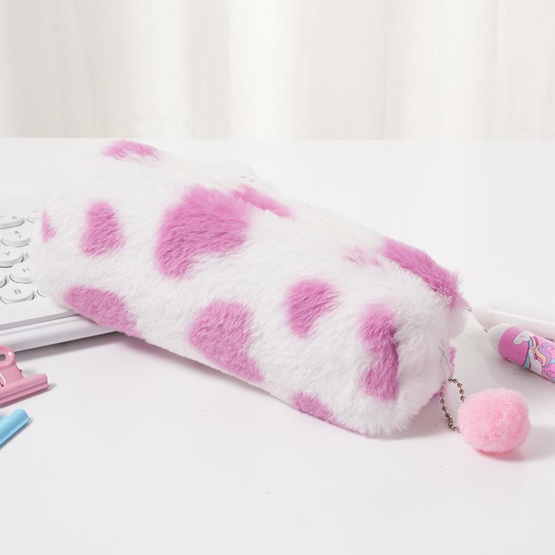 Leopard Heart Plush Pencil & Makeup Bag for Students