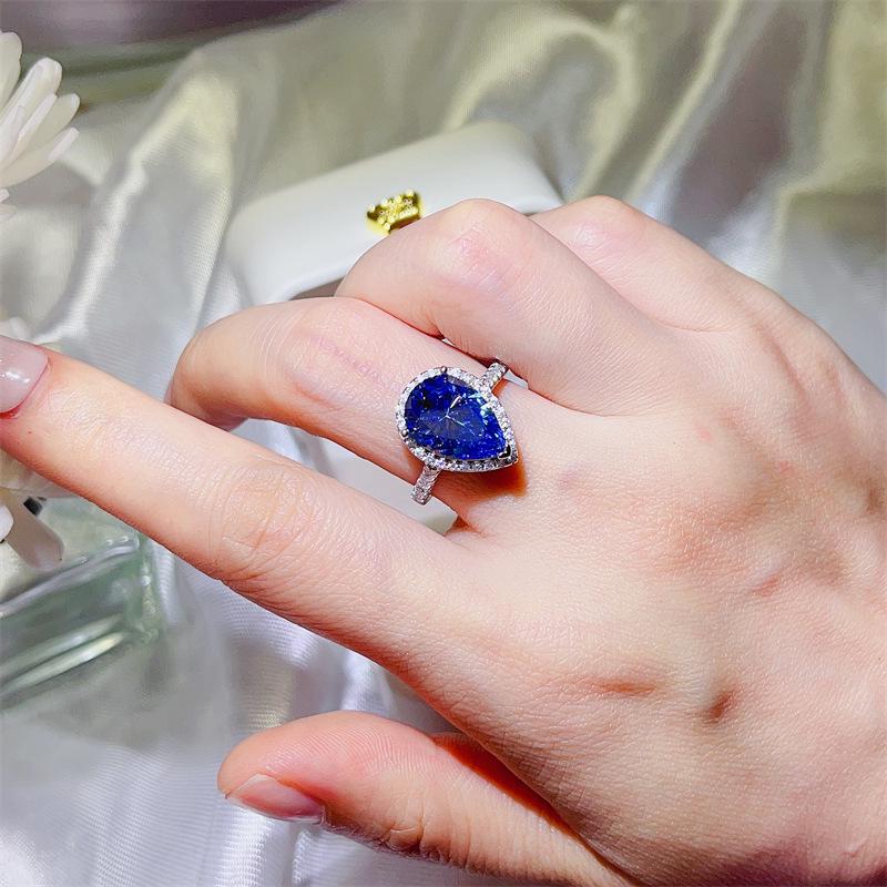 5 Carat Blue Water Drop Moissanite Women's Pear Shape Diamond Ring - Stylish European & American Fashion Bestseller.