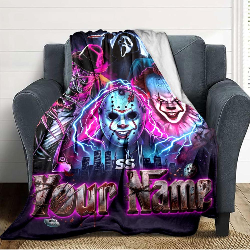 Name Custom Horror Themed Print Flannel Blanket High Quality Warm Comfortable Cover for All Seasons Perfect for Gifts Home Decor