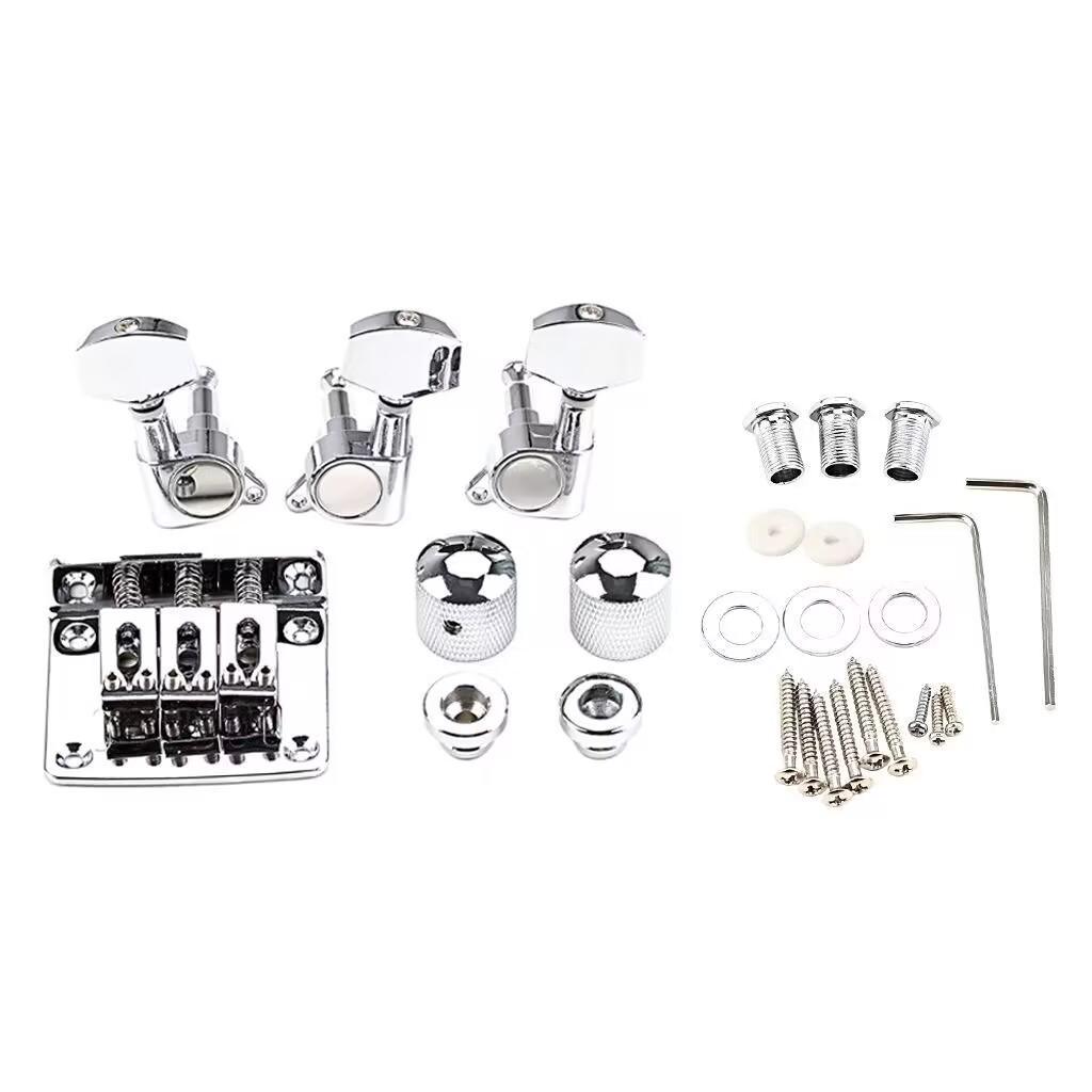 Chrome Three-String Guitar Bridge with 1R2L Tuners & 2 Strap Buttons